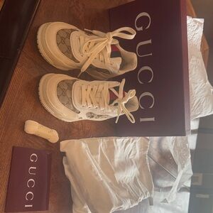 Gucci Beige GG Canvas & Cream Leather Sneakers with Green-Red Web